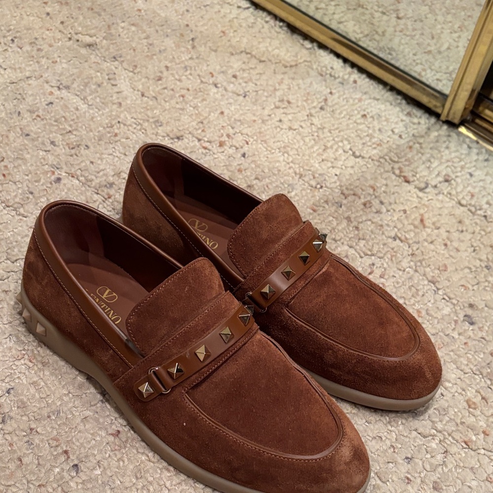 Valentino women’s Tan Suede Studded Loafers